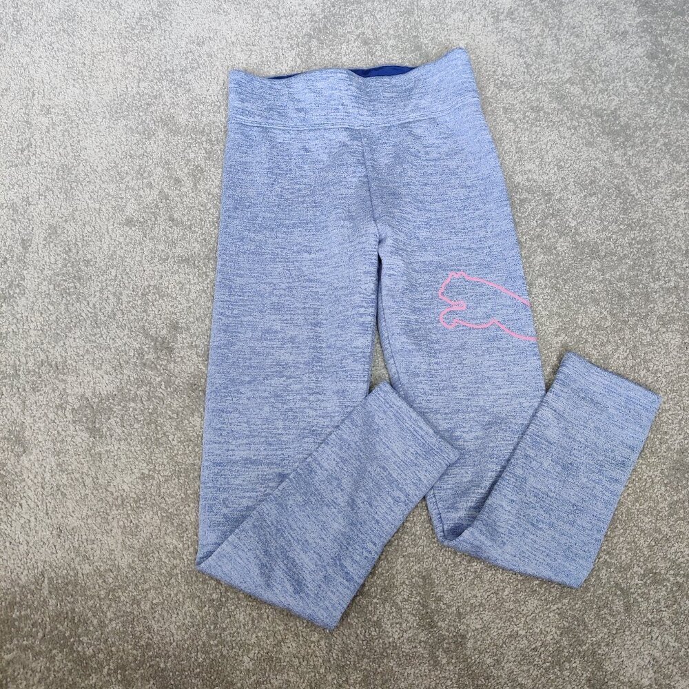 Puma Girls Leggings Size L 10 / 12 Blue Pink Print Fleece Warm Athleisure Comfy